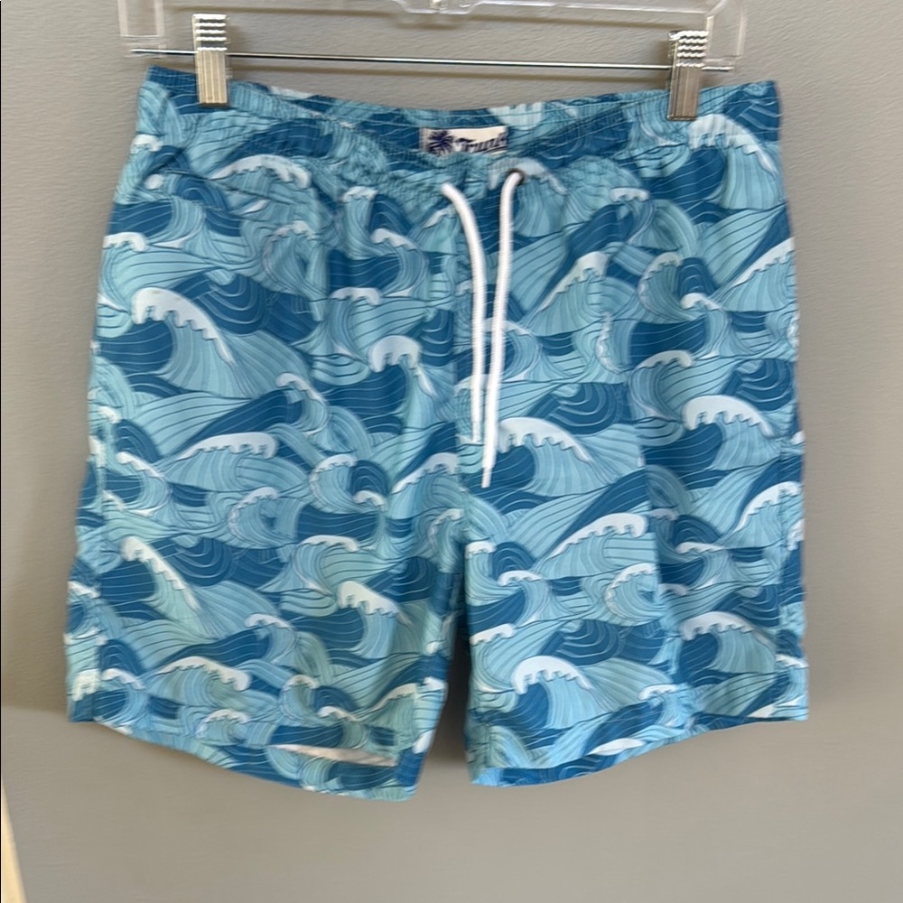 Tommy Bahama Blue and White Swim Trunks with Water-Inspired Design